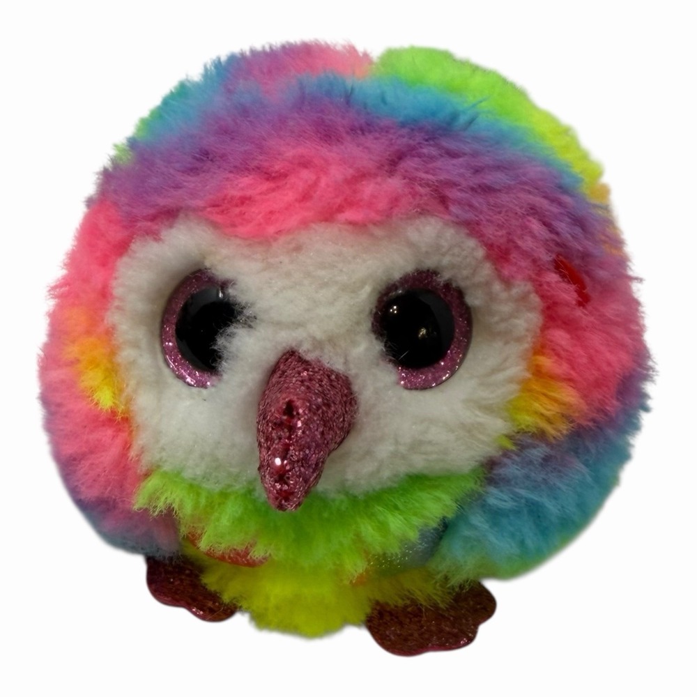 Ty Beanie Boos‎ Rainbow Bird Puffies Plush Glitter Eyes Feet Round Ball Tye Dye